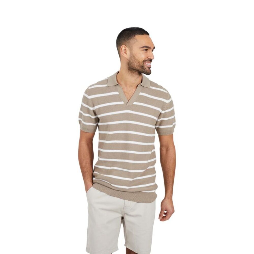 Brave Soul Mens Open Collar Short-Sleeved Polo Shirt / Stone/Off White